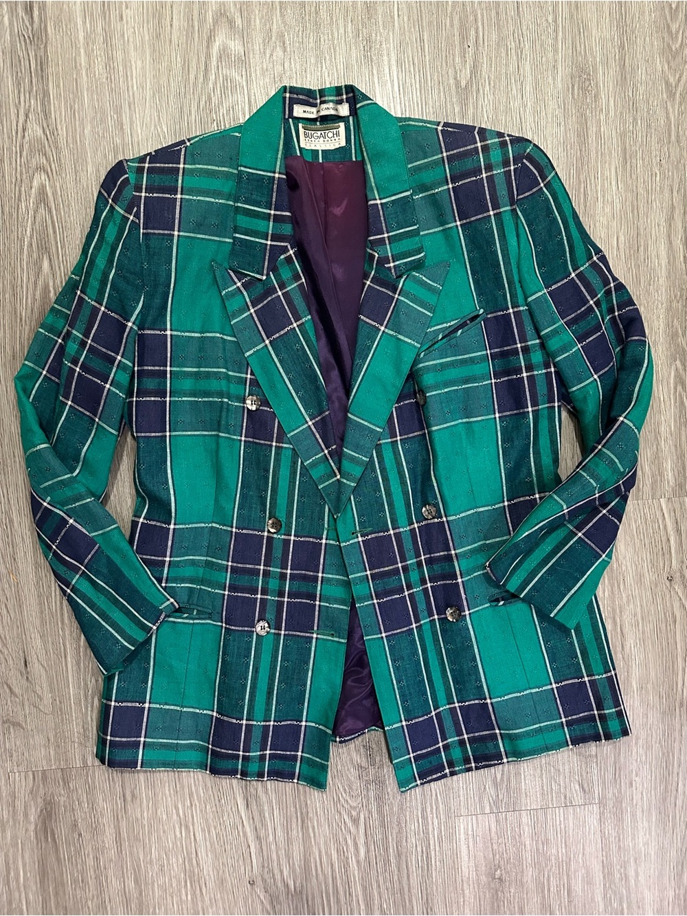 Bugatchi Linea Donna Vintage VTG Women’s Green & Navy Plaid 90s Blazer Oversized - Picture 8 of 12